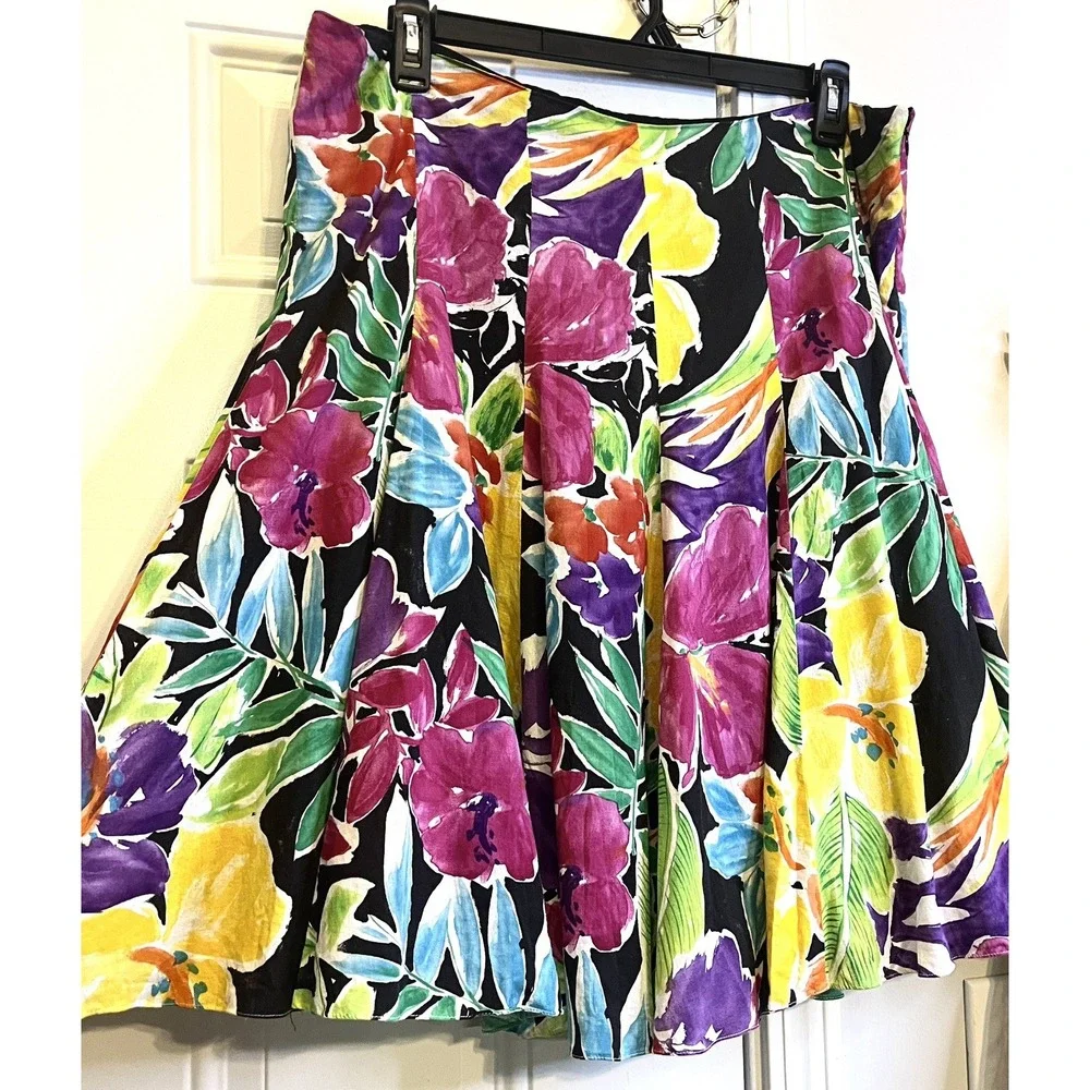 Vintage Ralph Lauren Floral A-Line Midi Skirt Sz 16 Black Multi Tropical Cotton